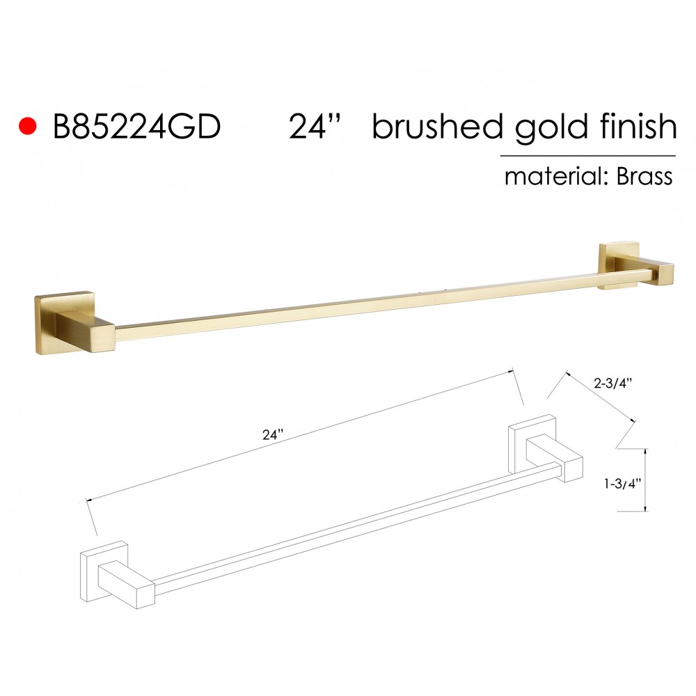 B85224GD Bathroom Wall Mount Gold Towel Bar Towel Rail Holder, ALL SOLID BRASS MADE Gold Brushed Finish.